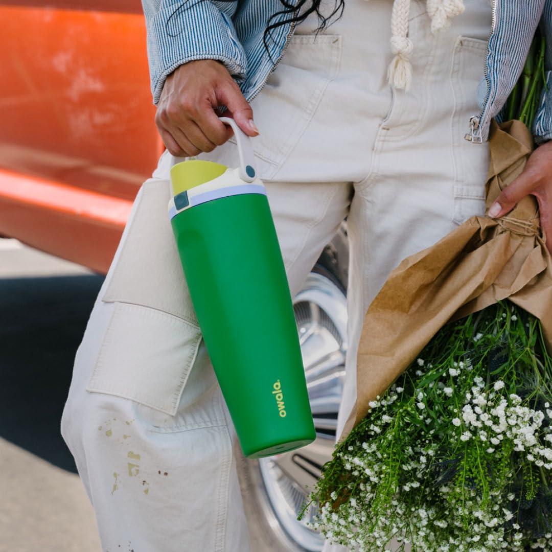 imageOwala FreeSip Tumbler Insulated Stainless Steel Water Bottle with Builtin Straw and Side Handle For Travel Work School and Sports 40oz BPA Free Leak Proof Foggy TidePutting Green