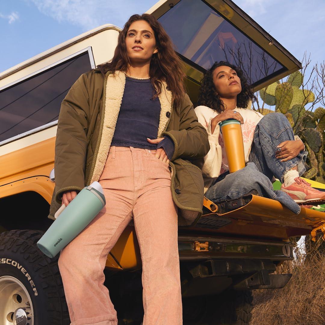 imageOwala FreeSip Tumbler Insulated Stainless Steel Water Bottle with Builtin Straw and Side Handle For Travel Work School and Sports 40oz BPA Free Leak Proof Foggy TideEucalyptus