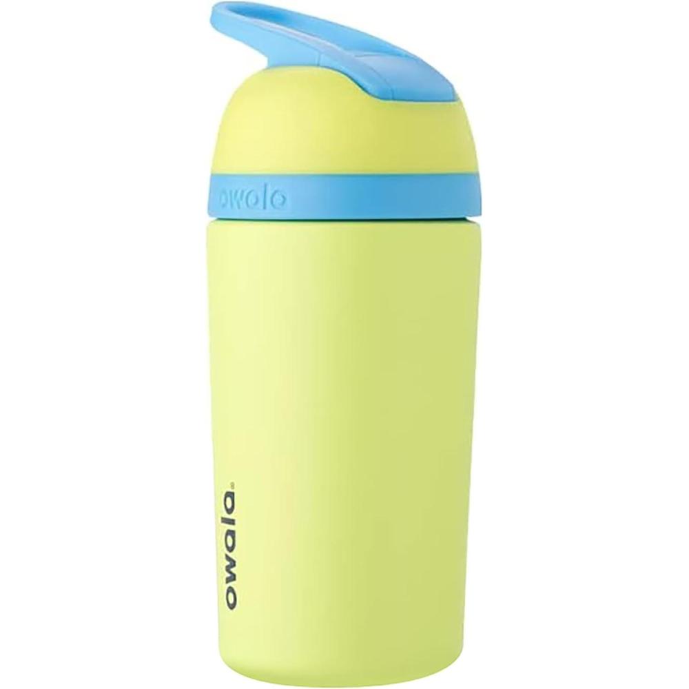 imageOwala Kids Flip Insulated StainlessSteel Water Bottle with Straw and Locking Lid 14Ounce OrangeYellow Misty HorizonLight Green