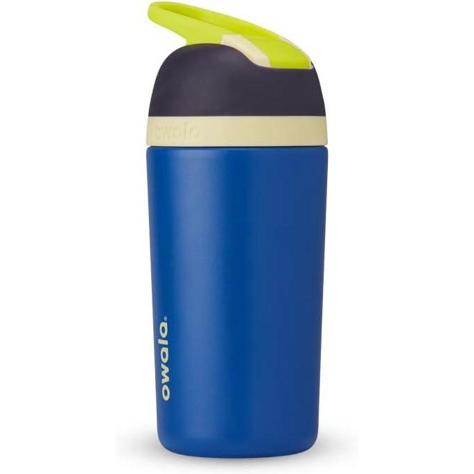 imageOwala Kids Flip Insulated StainlessSteel Water Bottle with Straw and Locking Lid 14Ounce OrangeYellow Misty HorizonNavy  Blue